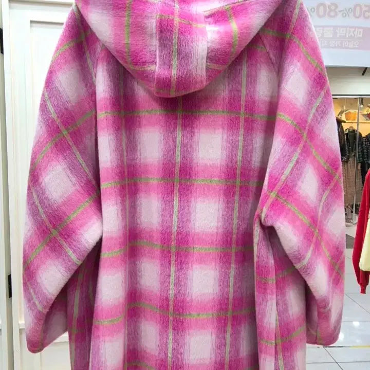 [BUNJANG] Pink Check Wool Long Coat / 핑크 체크 울 코트 / 여성 롱코트 오버핏 코트