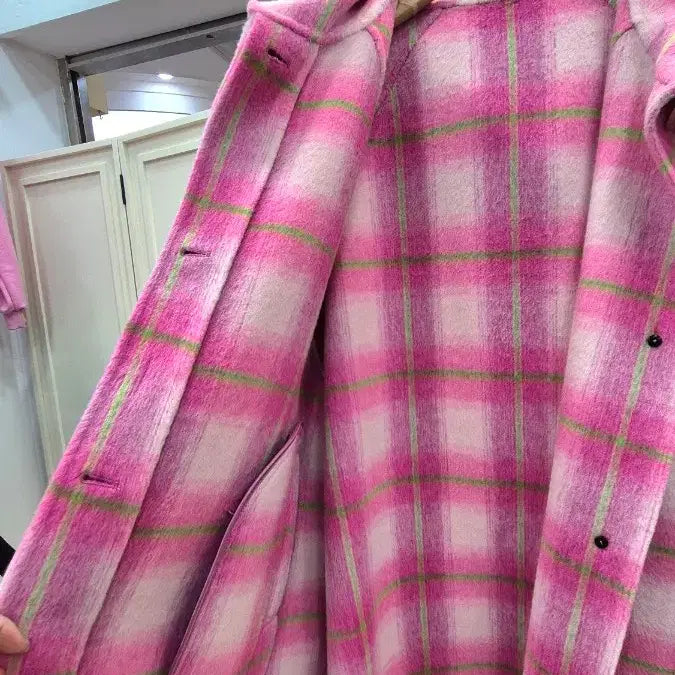 [BUNJANG] Pink Check Wool Long Coat / 핑크 체크 울 코트 / 여성 롱코트 오버핏 코트