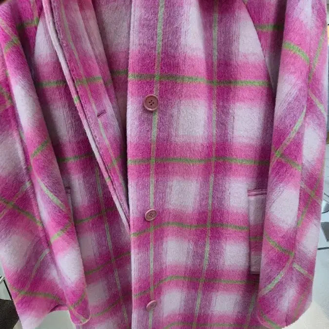 [BUNJANG] Pink Check Wool Long Coat / 핑크 체크 울 코트 / 여성 롱코트 오버핏 코트