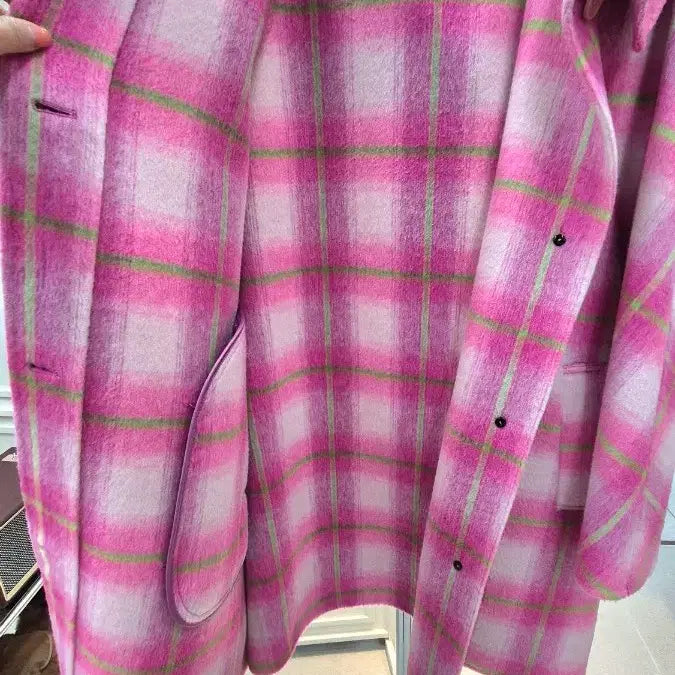 [BUNJANG] Pink Check Wool Long Coat / 핑크 체크 울 코트 / 여성 롱코트 오버핏 코트