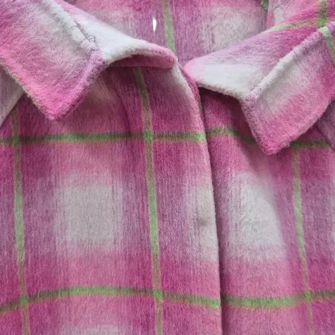 [BUNJANG] Pink Check Wool Long Coat / 핑크 체크 울 코트 / 여성 롱코트 오버핏 코트