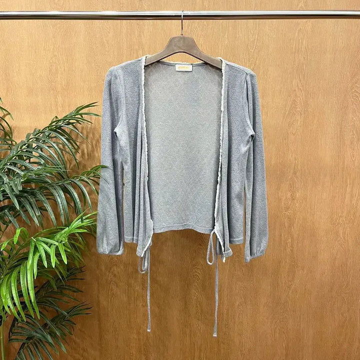 [BUNJANG] Beams Boy Frill Cutoff Waist Strap Cardigan Gray / 빔즈 보이 긴팔 가디건 프릴 컷오프 웨이스트 스트랩 디테일 그레이