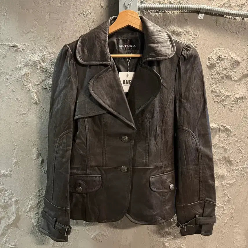 [BUNJANG] DaMoZel Real Leather Double Button Leather Jacket - Brown / 77 다모젤DaMoZel 리얼 양가죽 더블 버튼 레더 자켓 브라운