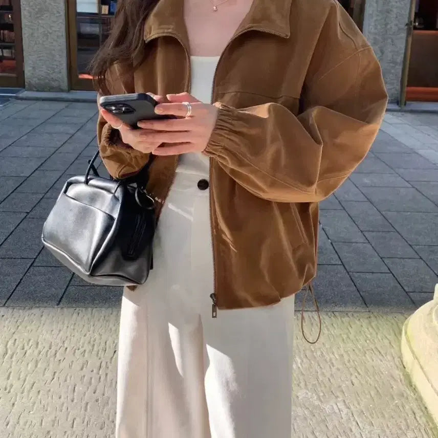 [BUNJANG] Brown Suede Bomber Jacket (Women's) / 브라운 스웨이드 봄버 자켓 여성용(새상품)