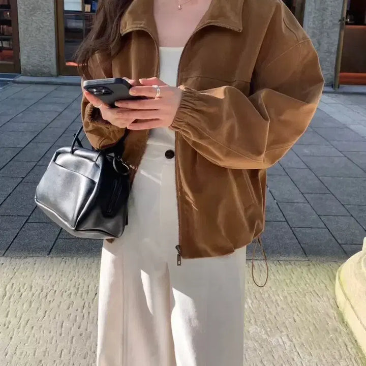 [BUNJANG] Brown Suede Bomber Jacket (Women's) / 브라운 스웨이드 봄버 자켓 여성용(새상품)