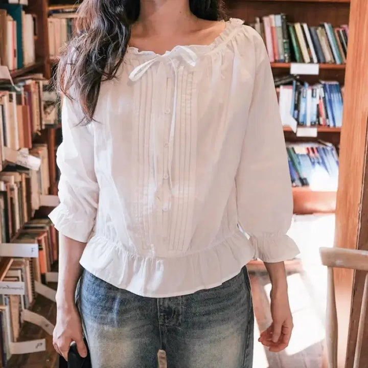 [BUNJANG] Slow and Pure Mood Pleated Cotton Blouse / [새상품] 슬로우앤드 퓨어무드 핀주름 셔링코튼 블라우스
