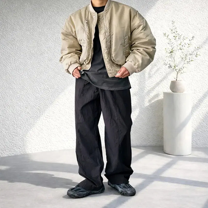 [BUNJANG] Men's Wide Leg Nylon Pants / 남자 절개 나일론 롱기장 와이드 밴딩 팬츠 4컬러