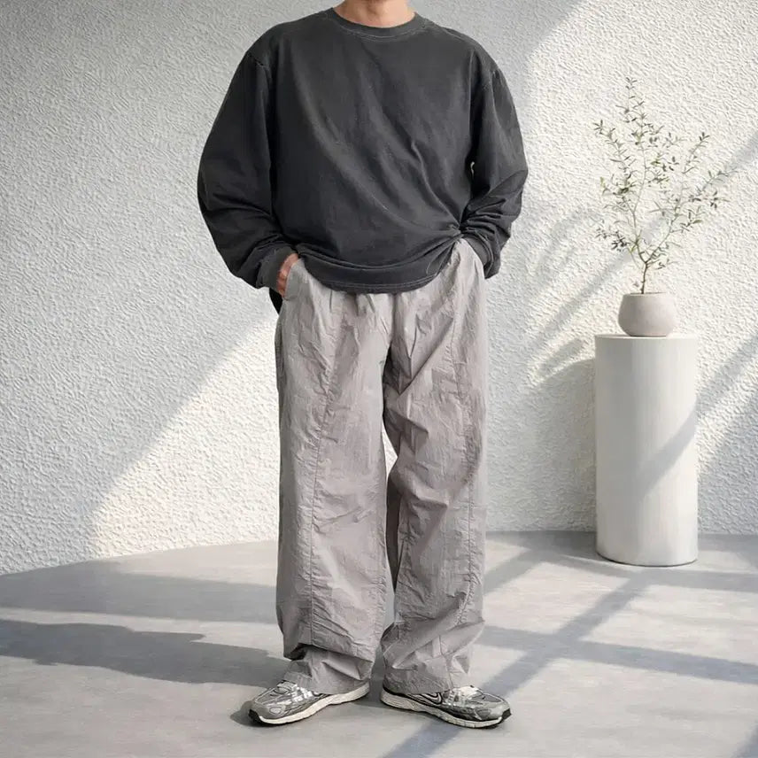 [BUNJANG] Men's Wide Leg Nylon Pants / 남자 절개 나일론 롱기장 와이드 밴딩 팬츠 4컬러