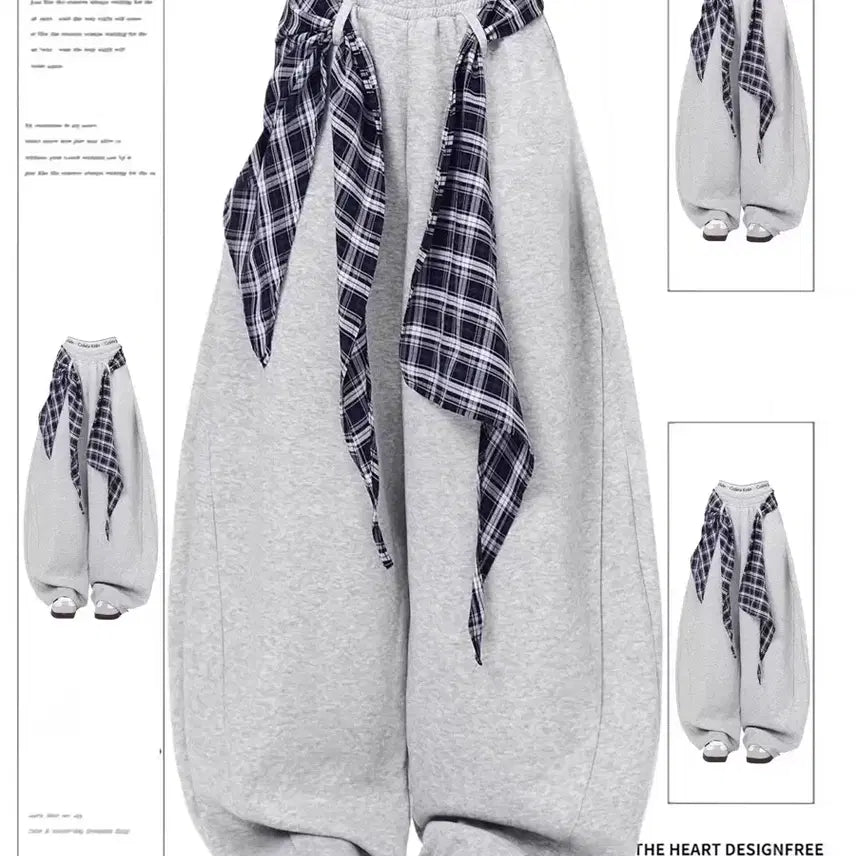 [BUNJANG] Check Ribbon Wide Jogger Pants / 체크 리본 와이드 조거 팬츠