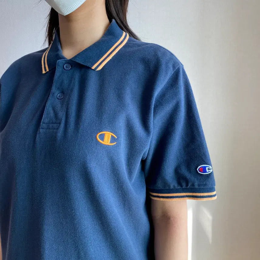 [BUNJANG] Champion Vintage Navy & Gold Ringer Pique Shirt / [Champion] 빈티지 네이비 & 골드 링거 피케 셔츠
