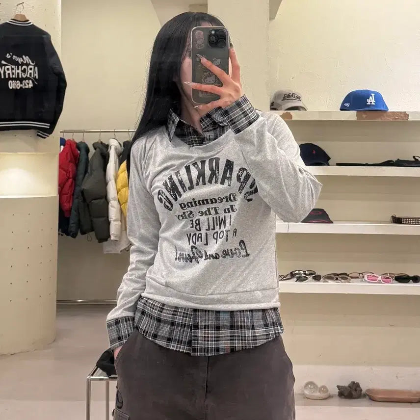 [BUNJANG] Layered Check Shirt Sweatshirt U832 / 레이어드 체크 셔츠 맨투맨 U832