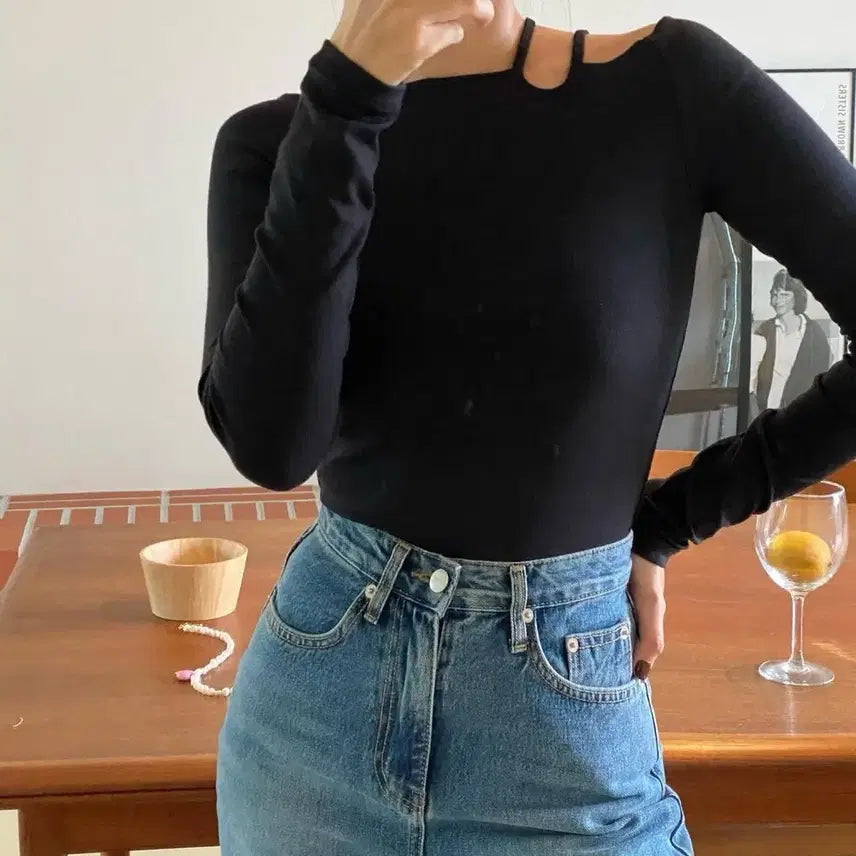 [BUNJANG] Two-Way Off-Shoulder Ribbed Top - Olive Khaki / (새상품) 투웨이 언발 오프숄더 골지 티 올리브카키컬러