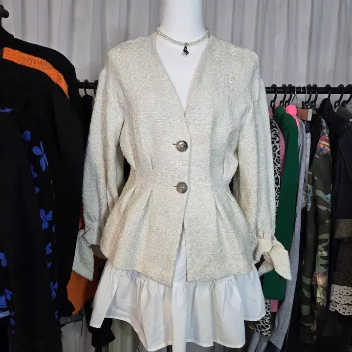 [BUNJANG] Zara Tweed Color-block Flare Jacket + White Frill Skirt Set / 자라 트위드 배색 플레어 자켓+화이트 프릴 스커트