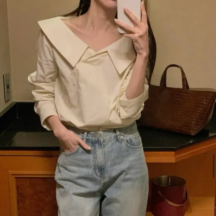 [BUNJANG] Big Collar Wrap Blouse / 봄 빅카라 사선 단추 랩 면 블라우스 셔츠 남방 에이블리 지그재그