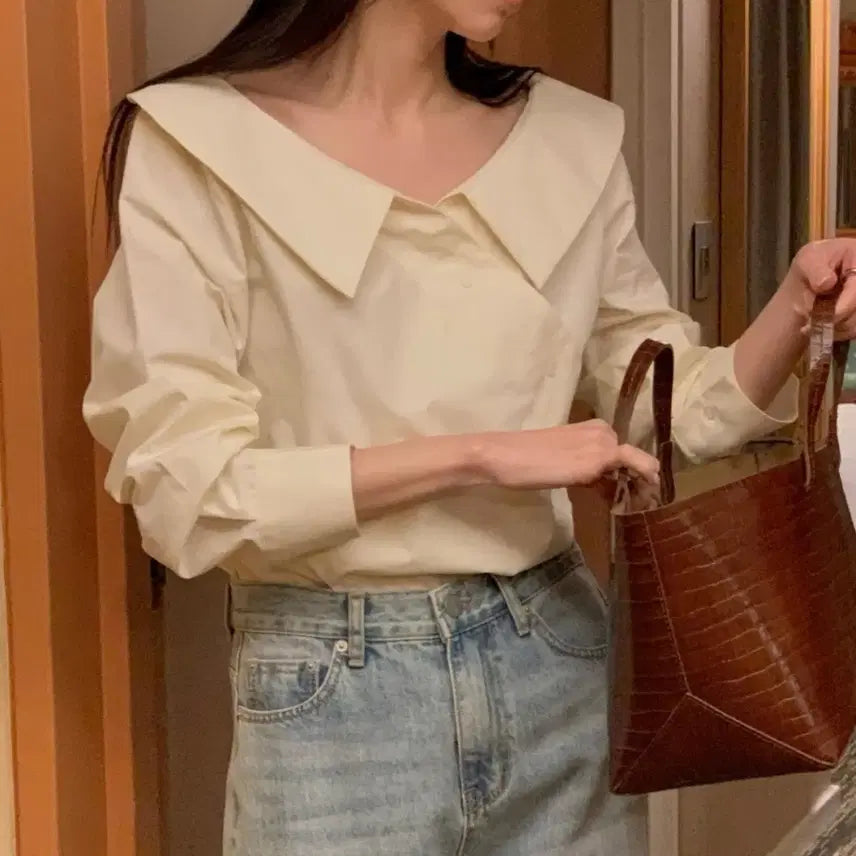 [BUNJANG] Big Collar Wrap Blouse / 봄 빅카라 사선 단추 랩 면 블라우스 셔츠 남방 에이블리 지그재그