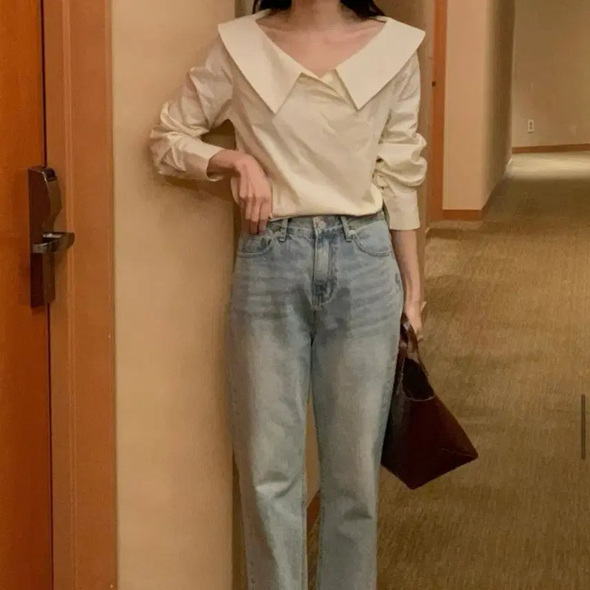 [BUNJANG] Big Collar Wrap Blouse / 봄 빅카라 사선 단추 랩 면 블라우스 셔츠 남방 에이블리 지그재그