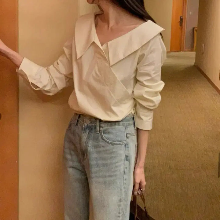 [BUNJANG] Big Collar Wrap Blouse / 봄 빅카라 사선 단추 랩 면 블라우스 셔츠 남방 에이블리 지그재그