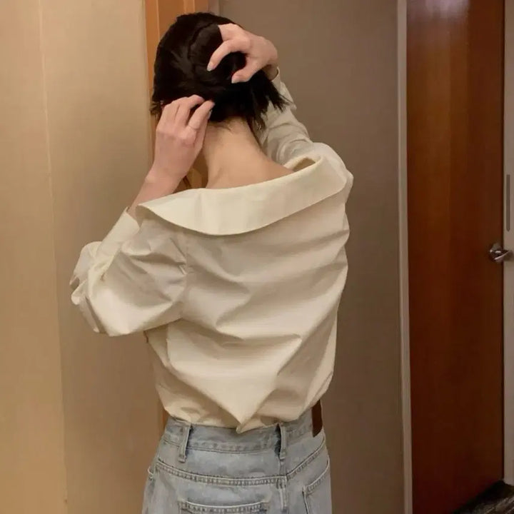 [BUNJANG] Big Collar Wrap Blouse / 봄 빅카라 사선 단추 랩 면 블라우스 셔츠 남방 에이블리 지그재그