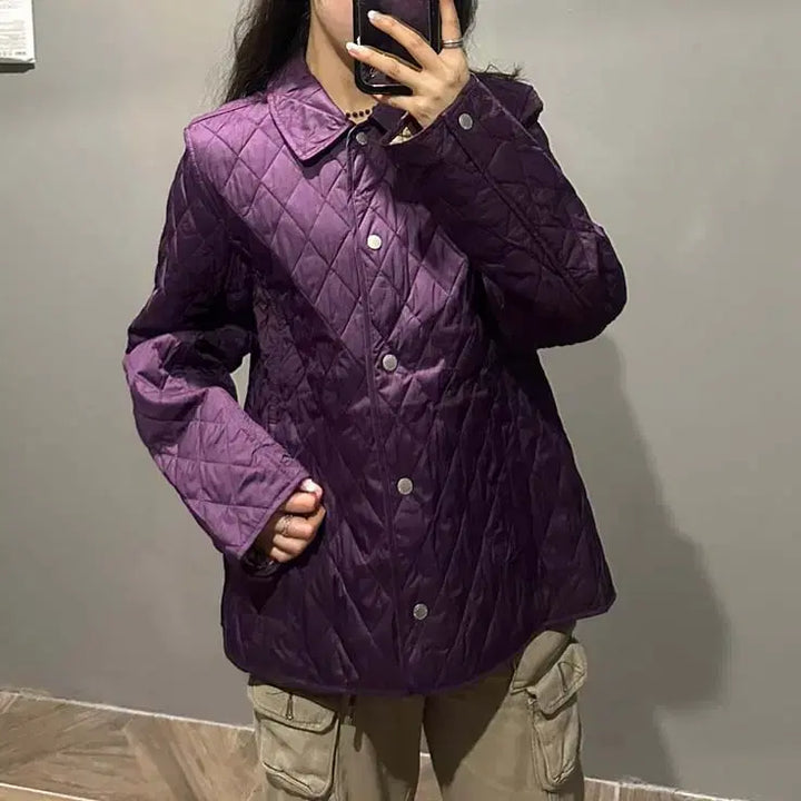 [BUNJANG] L.L.Bean Quilted Jacket / L.L.Bean 엘엘빈 퀼팅 자켓 체크안감 스냅 버튼 디테일 퍼플