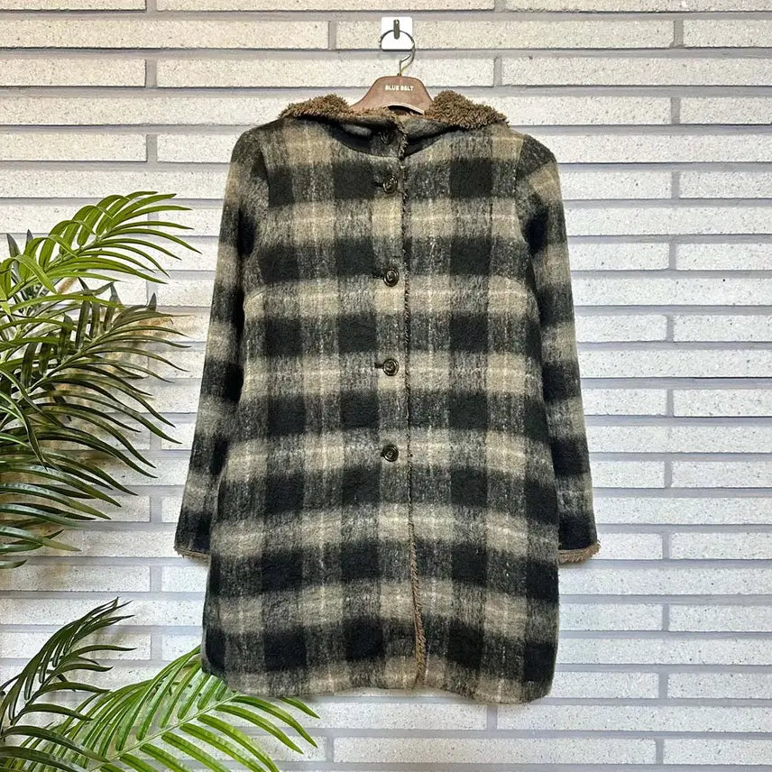[BUNJANG] Vintage Check Pattern Long Coat / JPN VINTAGE 후드 롱 코트 체크 패턴 털 안감 디테일 그린