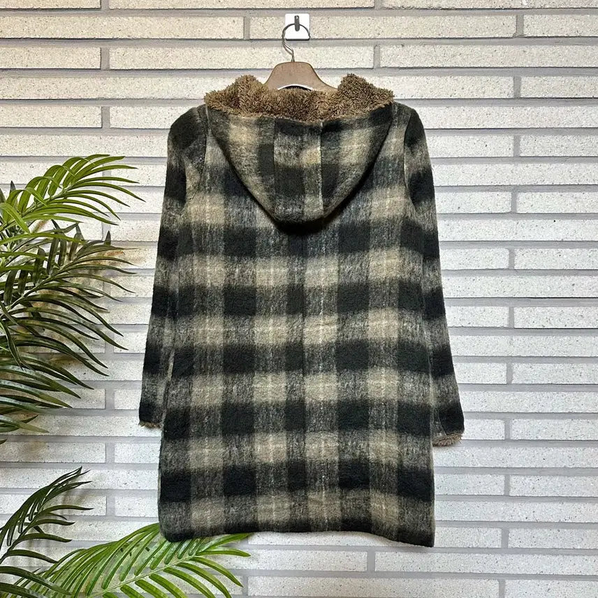 [BUNJANG] Vintage Check Pattern Long Coat / JPN VINTAGE 후드 롱 코트 체크 패턴 털 안감 디테일 그린