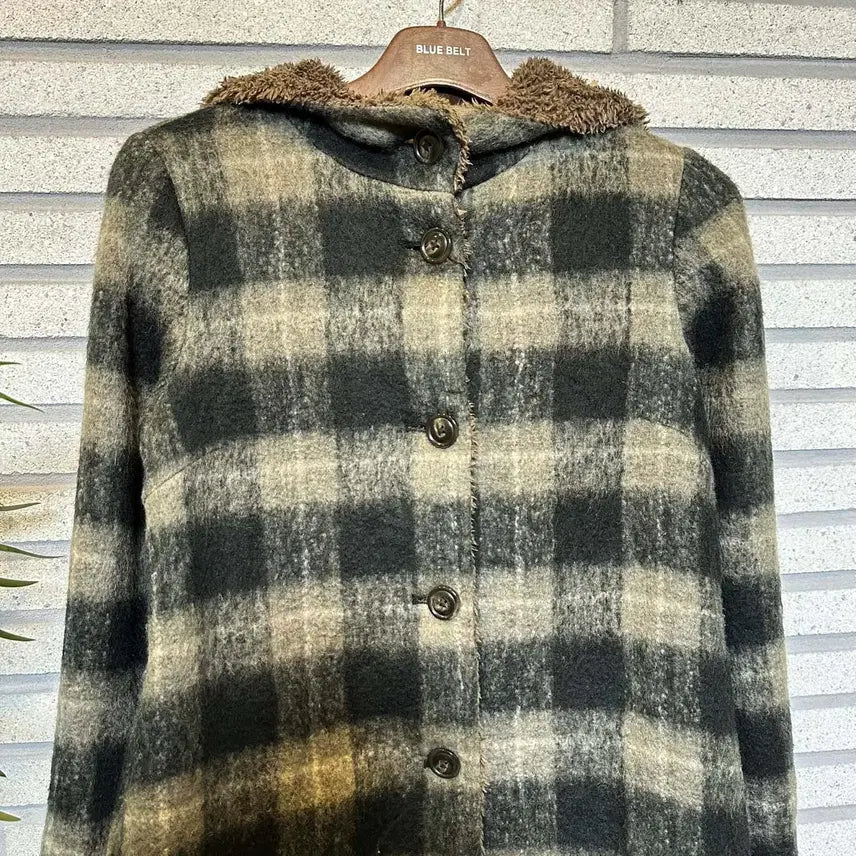 [BUNJANG] Vintage Check Pattern Long Coat / JPN VINTAGE 후드 롱 코트 체크 패턴 털 안감 디테일 그린