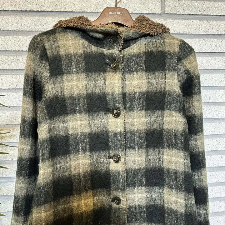 [BUNJANG] Vintage Check Pattern Long Coat / JPN VINTAGE 후드 롱 코트 체크 패턴 털 안감 디테일 그린