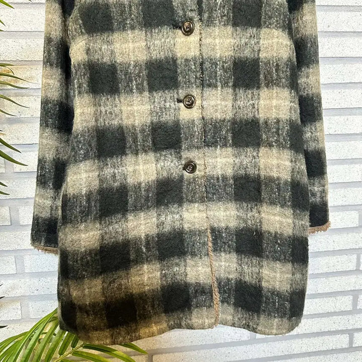 [BUNJANG] Vintage Check Pattern Long Coat / JPN VINTAGE 후드 롱 코트 체크 패턴 털 안감 디테일 그린