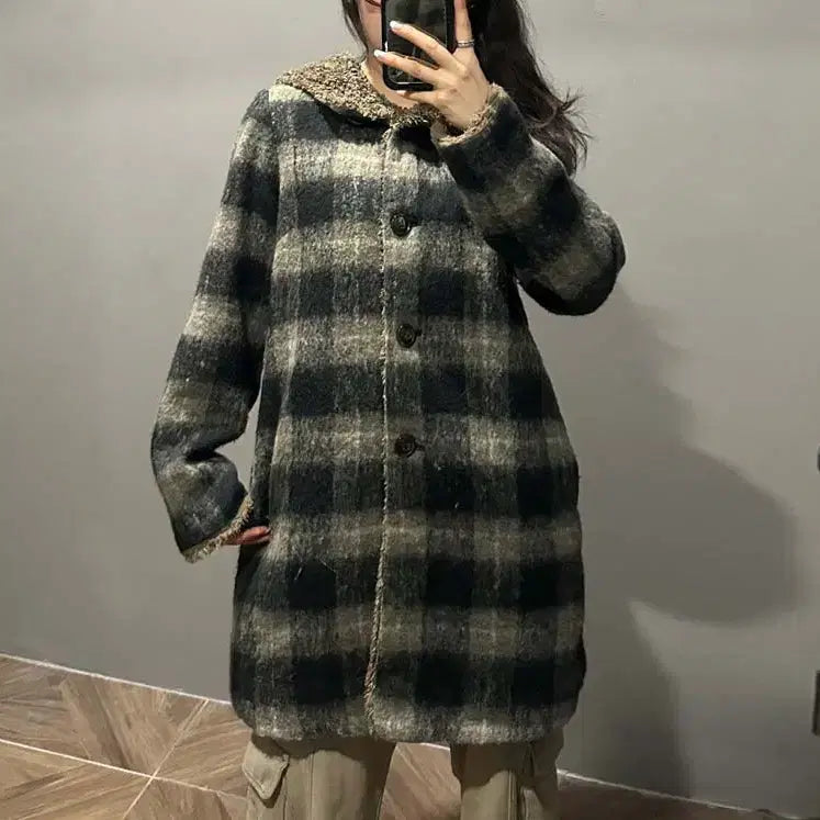 [BUNJANG] Vintage Check Pattern Long Coat / JPN VINTAGE 후드 롱 코트 체크 패턴 털 안감 디테일 그린