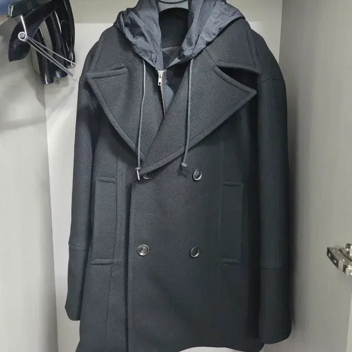 [BUNJANG] Junji Black Double Wool Coat / 준지 후드 모직 블랙 더블 코트