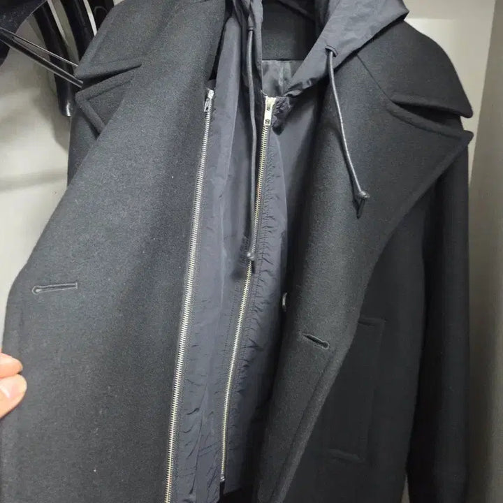 [BUNJANG] Junji Black Double Wool Coat / 준지 후드 모직 블랙 더블 코트