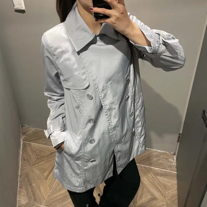 [BUNJANG] Vintage Nylon Double Trench Jacket Sky Blue / JPN VINTAGE 나일론 더블 트렌치 자켓 소매벨트 디테일 스카이블루