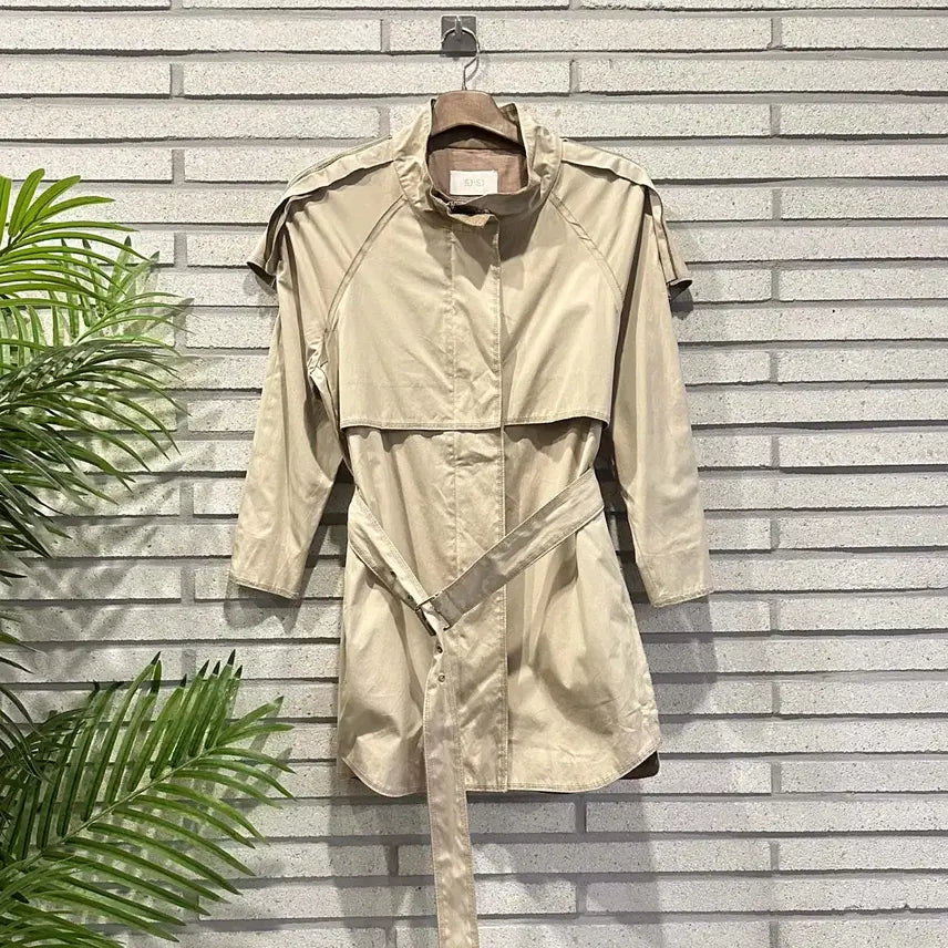 [BUNJANG] SJSJ Beige Trench Jacket / SJSJ 케이프 미디 트렌치 자켓 래글런 벨티드 하이넥 디테일 베이지