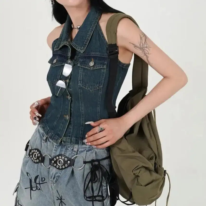 [BUNJANG] Denim Halter Top / 진청 데님 홀터 나시