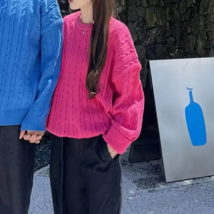 [BUNJANG] Pink Cable Knit Sweater / 핑크 꽈배기니트