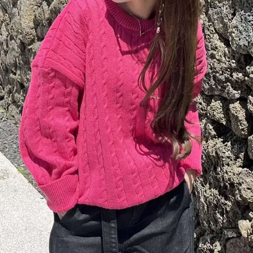 [BUNJANG] Pink Cable Knit Sweater / 핑크 꽈배기니트