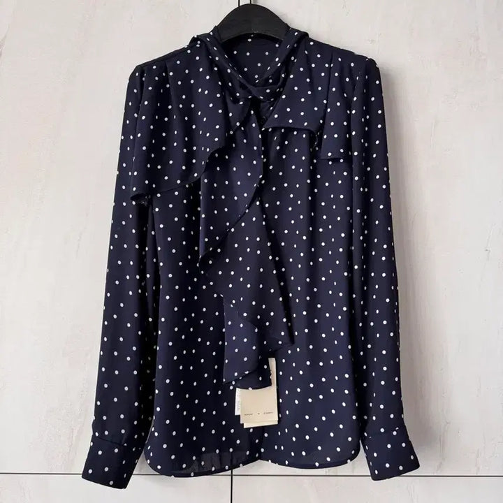 [BUNJANG] MINE Dot Ribbon Blouse Navy 55 / 텍있는 새상품 한섬 MINE 도트 리본 블라우스 네이비 55사이즈