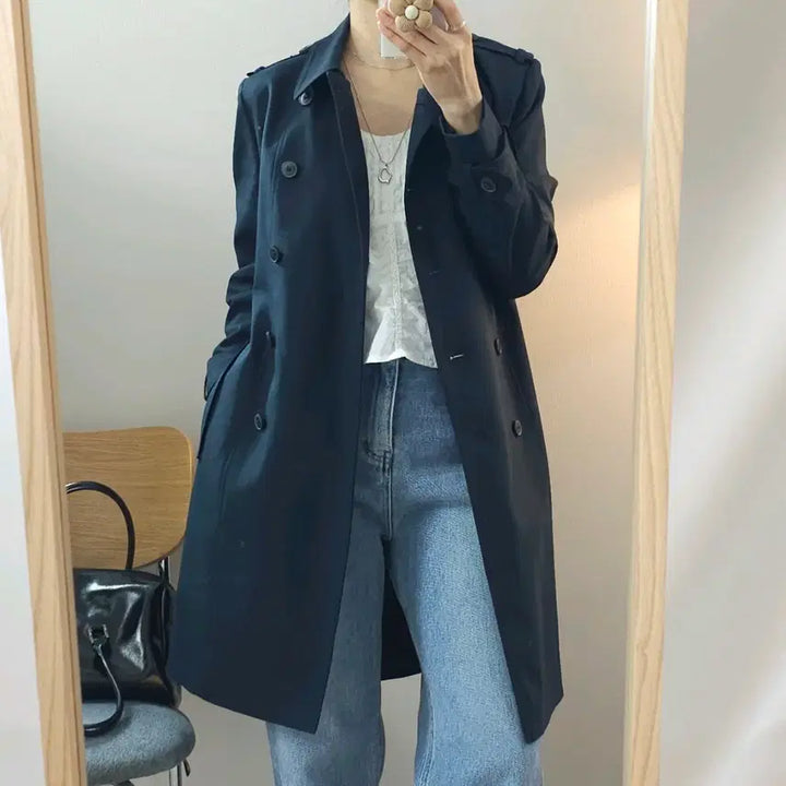 [BUNJANG] OZOC Trench Coat Navy Jacket / (66)OZOC 여성 트렌치 코트 더블 긴팔 자켓 fw 네이비 W2430