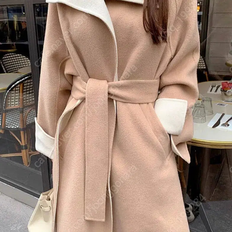 [BUNJANG] Mins Shop Beige Wool Belted Coat / 민스샵 울90 베이지 톤 핸드메이드 벨트 코트 택포6만원