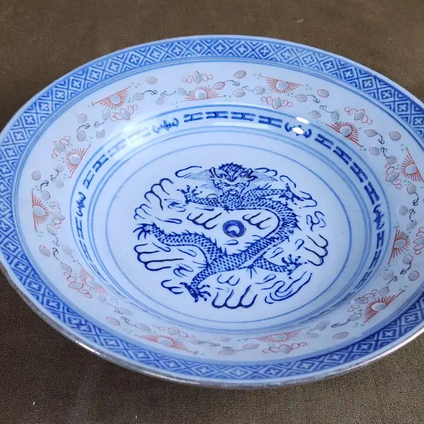[BUNJANG] Chinese Celadon Porcelain Dragon Motif Plate / 중국도자기 청화백자 용문양 반투각 숲접시