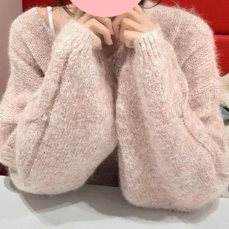 [BUNJANG] Pink V-Neck Knit Loose Fit Sweater / 핑크 브이넥 니트 루즈핏 니트