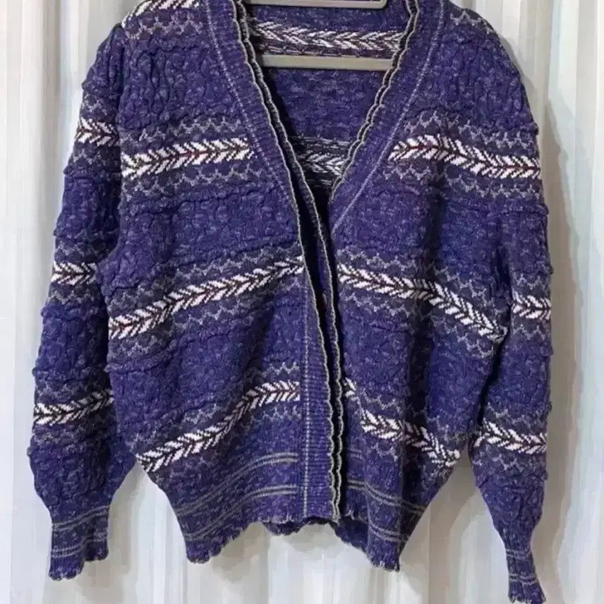 [BUNJANG] Purple Crochet Puff Sleeve Cardigan / 퍼플 크로셰 니트 퍼프소매 가디건 55-77 거의새것