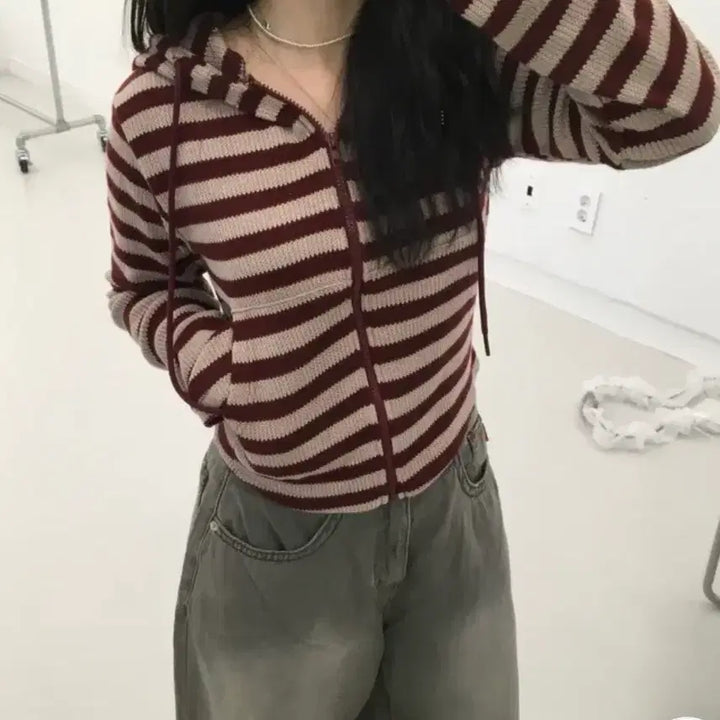 [BUNJANG] Hooded Stripe Knit Zip-up / 후드 스트라이프 니트집업