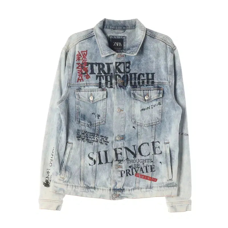 [BUNJANG] ZARA Graphic Lettering Vintage Washed Denim Jacket XL / ZARA 그래픽 레터링 빈티지 워싱 데님 자켓 XL