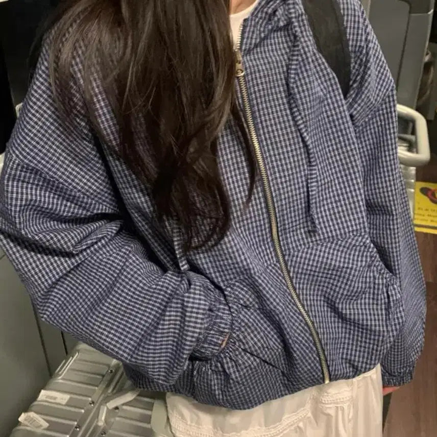 [BUNJANG] Lambi Comma Check Ribbon String Windbreaker Hooded Shirt Jacket / 람비 콤마 체크 리본 스트링 바람막이 후드 셔츠 자켓