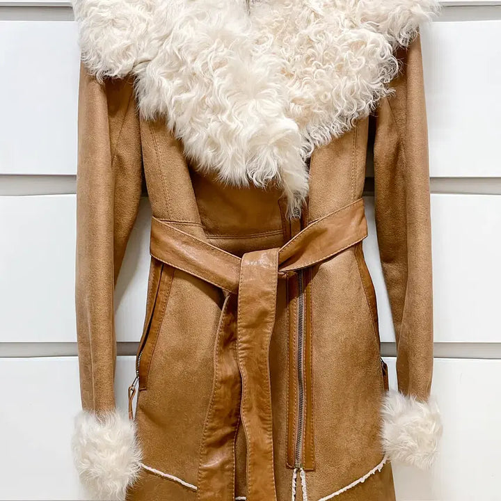 [BUNJANG] JILLSTUART Camel Shearling Fur Collar Mouton Coat / [새상품] JILLSTUART 질스튜어트 양털 퍼 칼라 카멜 무스탕 코트