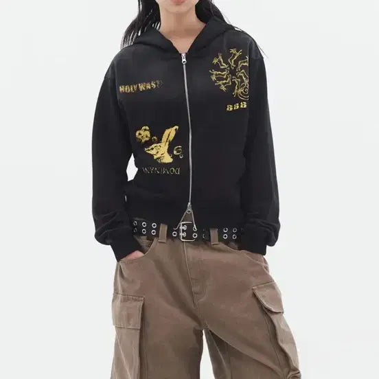 [BUNJANG] Dominant 666 Black Hooded Zip-up Jacket (L) / 도미넌트 666 헤어 후드 집업 블랙 L사이즈