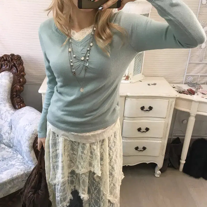 [SOLD OUT] jpn vintage pale mint lace layered knit
