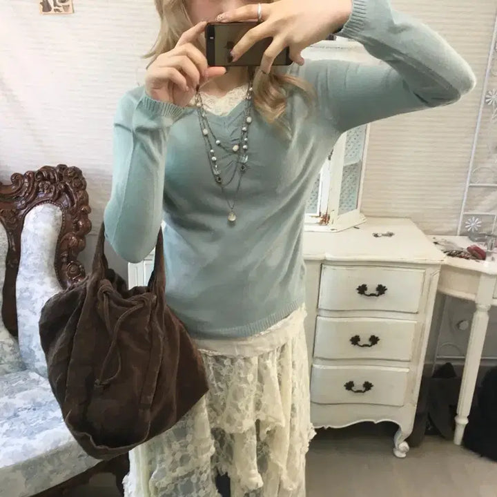 [SOLD OUT] jpn vintage pale mint lace layered knit