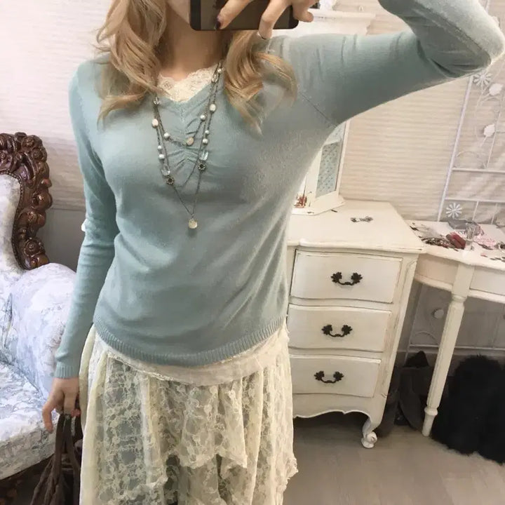 [SOLD OUT] jpn vintage pale mint lace layered knit